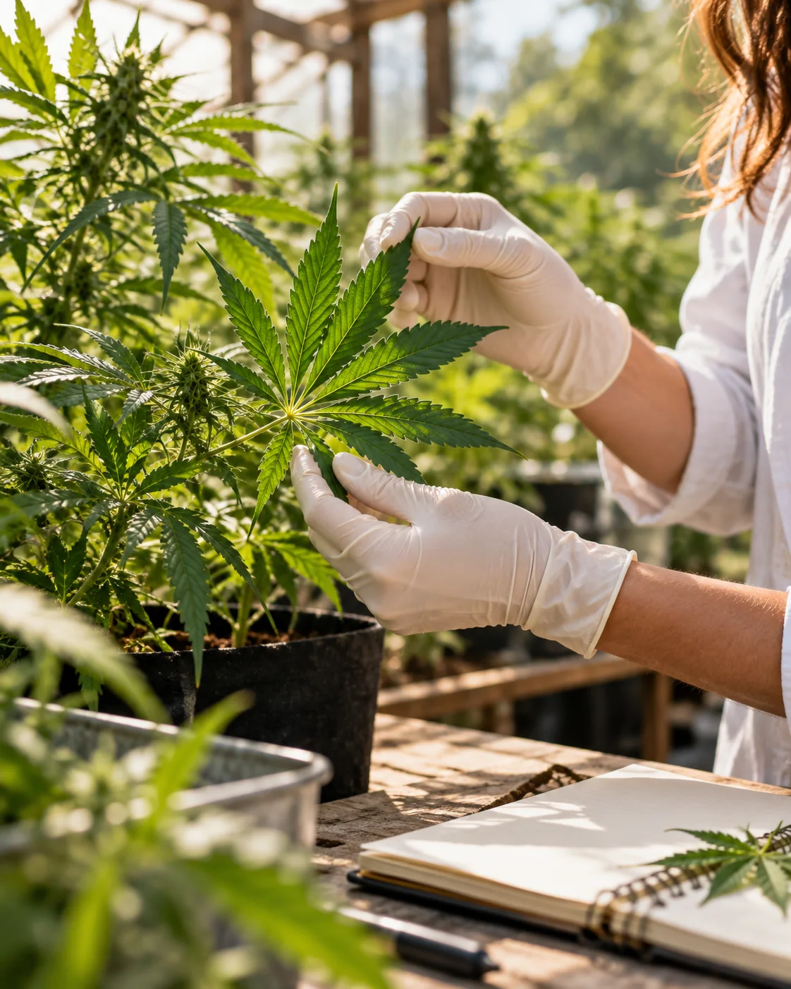 Botanist examining a living hemp leaf in a greenhouse