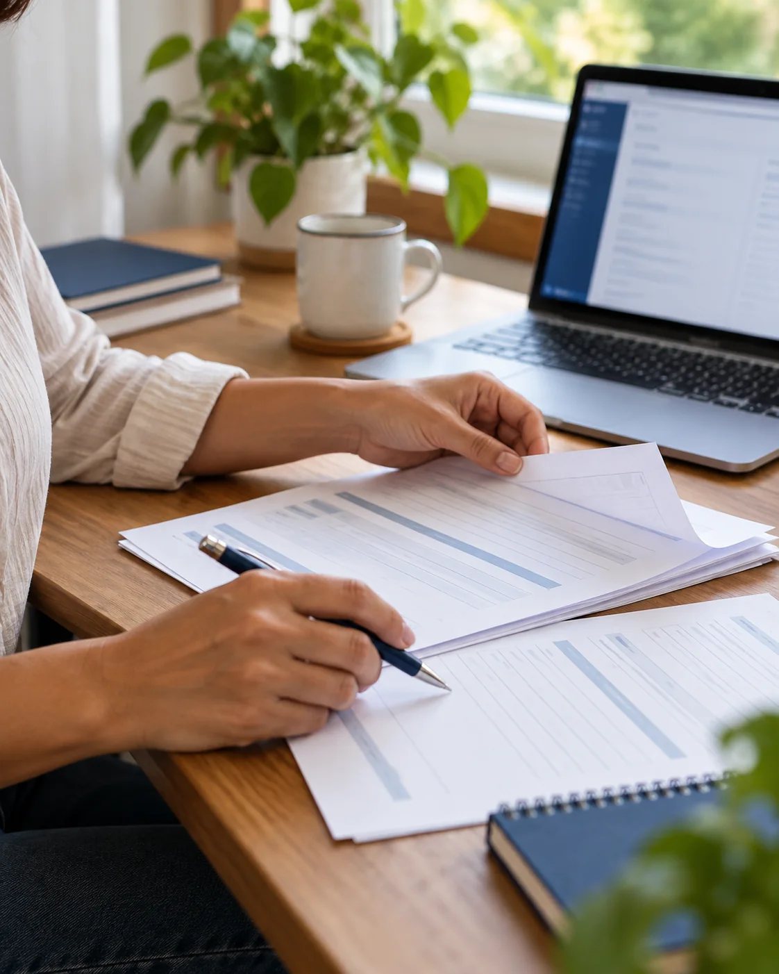 Documents being organized on a desk beside a laptop