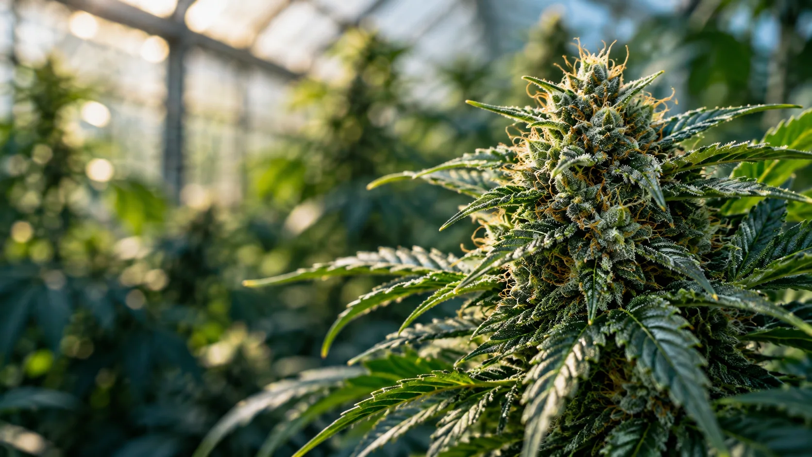 Cannabis flower in a sunlit research greenhouse