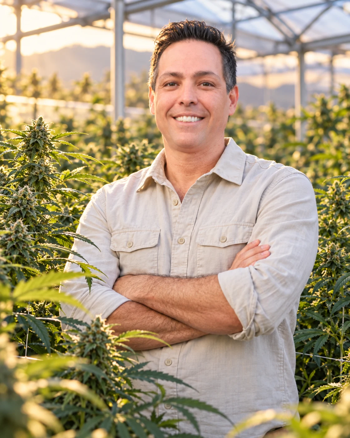 Conceptual composite of Leandro Moraes Pasztor in a California cultivation greenhouse