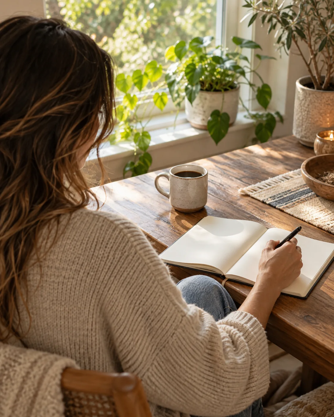 Person writing questions in a notebook at home