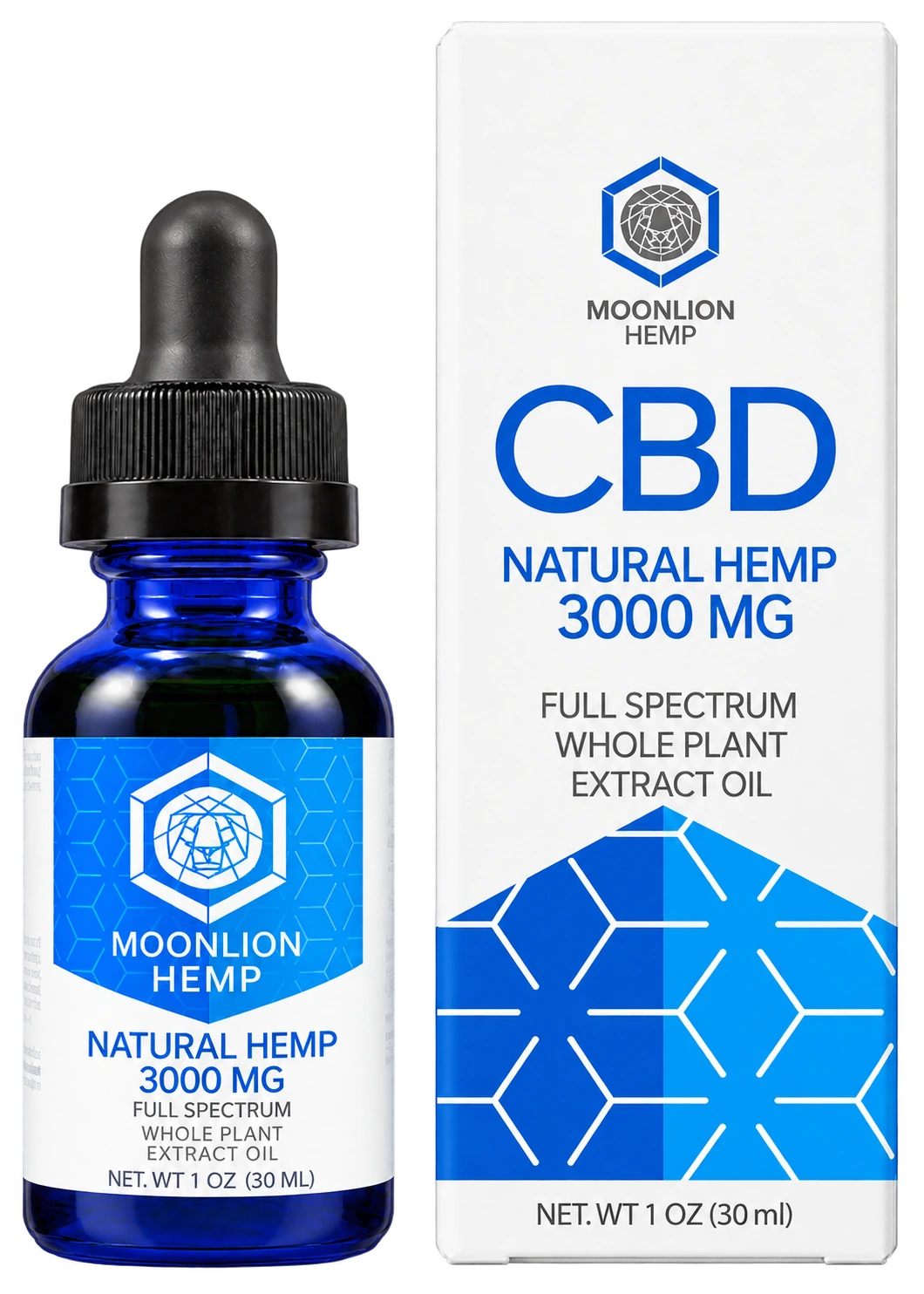 Frasco e caixa do óleo CBD Full Spectrum MoonLion Hemp 3.000 mg, foto individual do produto