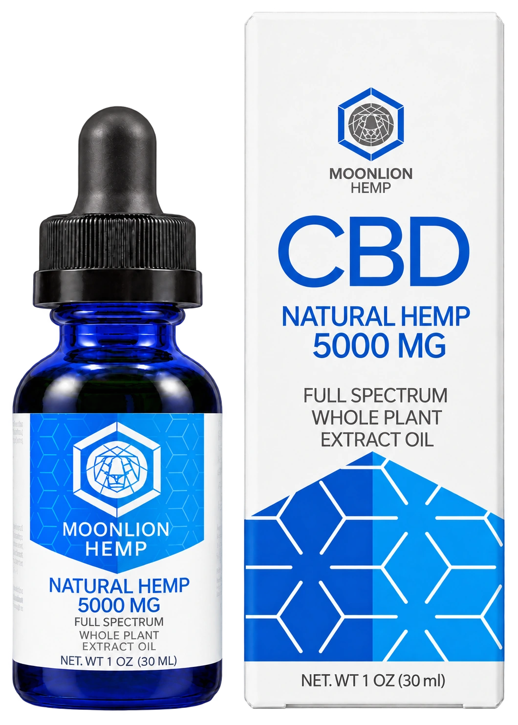 Frasco e caixa do óleo CBD Full Spectrum MoonLion Hemp 5.000 mg, foto individual do produto