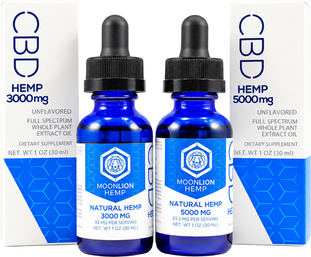 Apresentações MoonLion Hemp CBD Full Spectrum de 3.000 mg e 5.000 mg, cada uma com frasco e caixa, lado a lado