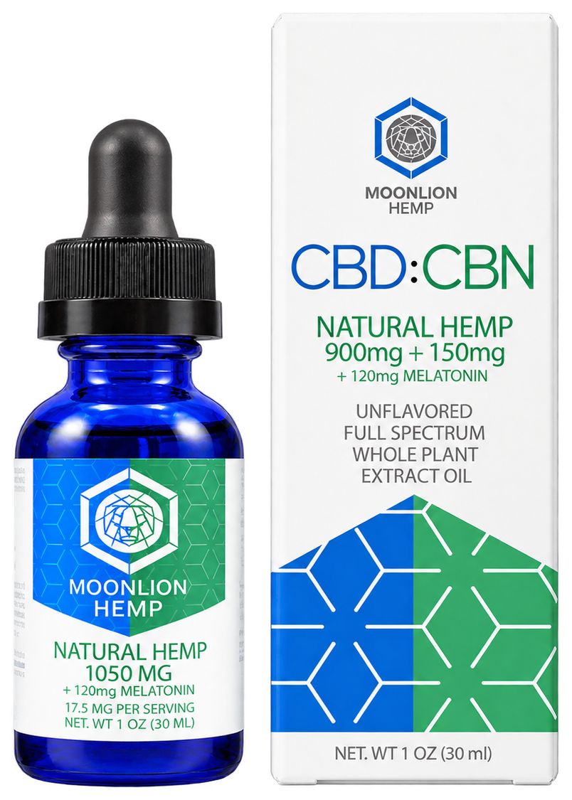 Frasco MoonLion Hemp CBD + CBN com sua caixa correspondente, lado a lado