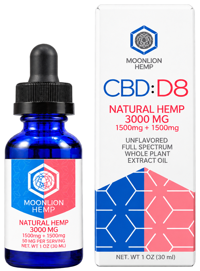 Frasco MoonLion Hemp CBD:D8 1:1 e sua caixa correspondente, lado a lado