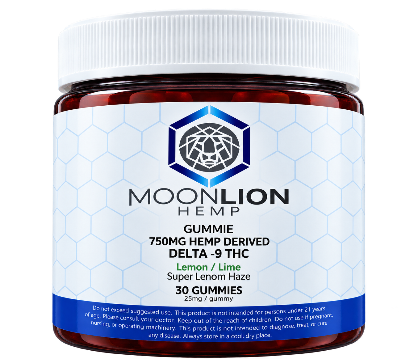 Pote MoonLion Hemp Gummies Delta-9 750 mg, com tampa branca estriada e rótulo hexagonal azul